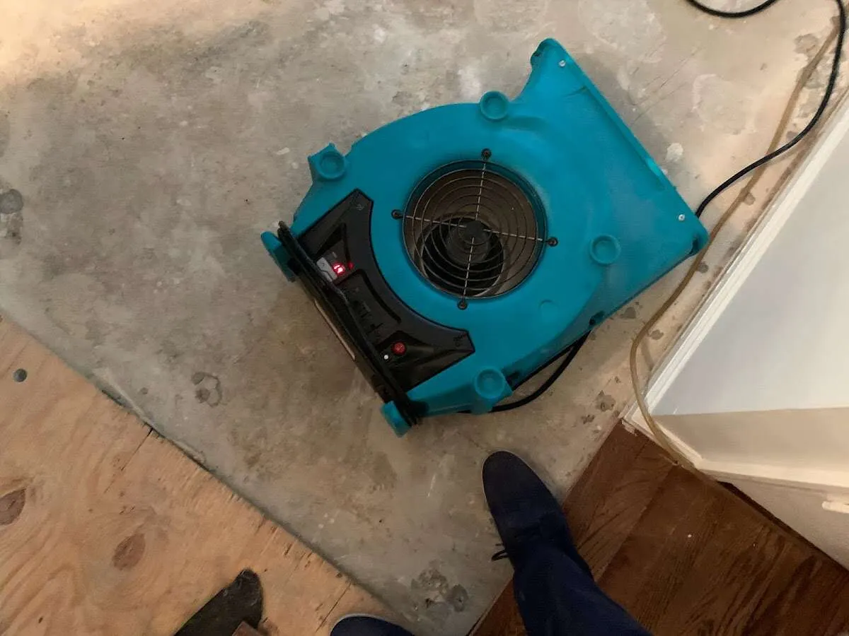 Air mover drying subfloor during Leak Detection & Repair in Fellsmere